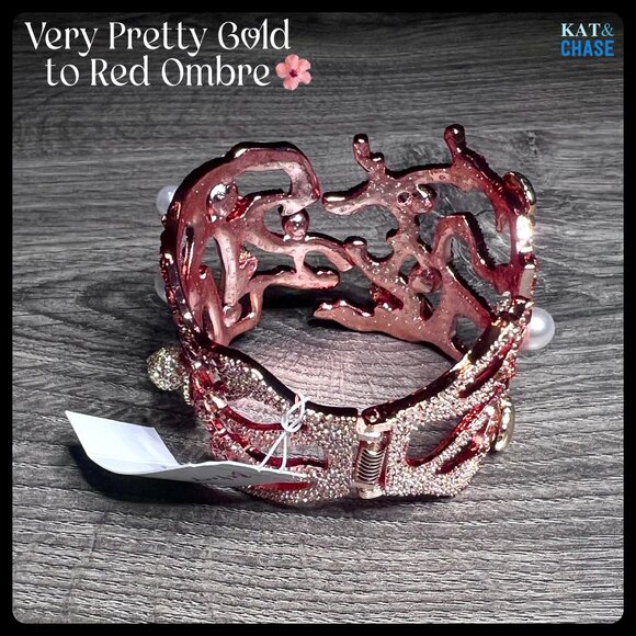 NWT Betsey Johnson Coral Hinge Bracelet Red Pearl Seashell Crystal Beach Sea - Picture 10 of 12